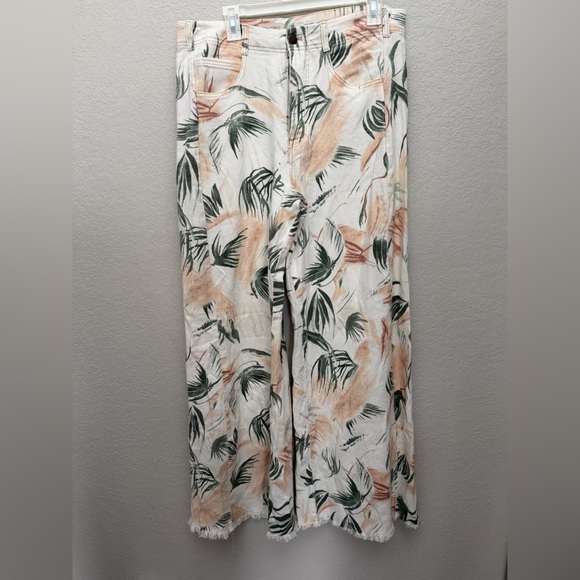Pilcro Anthropologie Adi Printed Linen Mid Rise Flare Pants Floral Ivory 31T - Picture 2 of 5